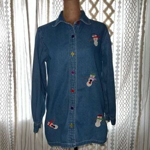 Coldwater Creek Blue Denim Shirt with snowmen
